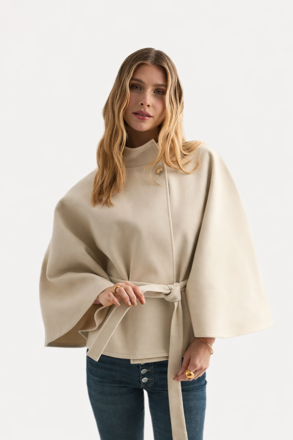 Seravelle Elegant Belted Cape Jacket – Cream