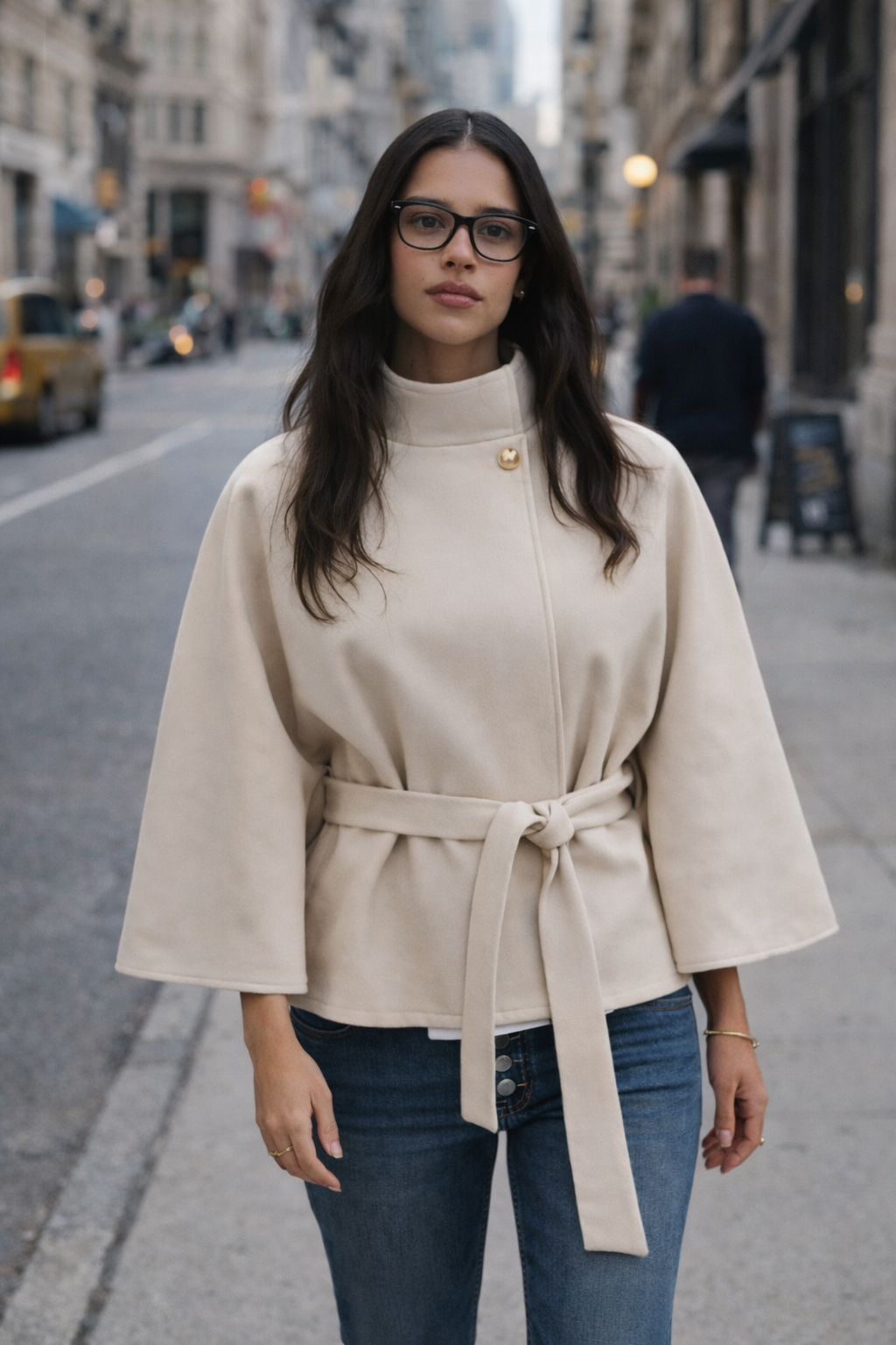 Seravelle Elegant Belted Cape Jacket – Cream