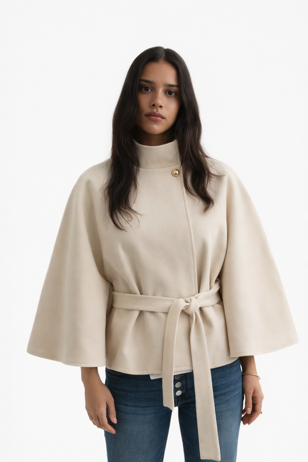 Seravelle Elegant Belted Cape Jacket – Cream
