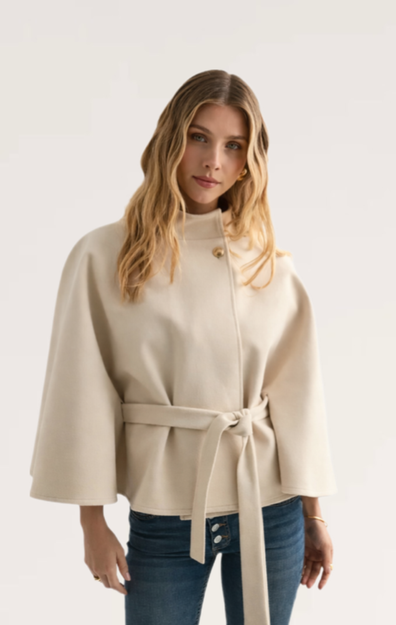Seravelle Elegant Belted Cape Jacket – Cream