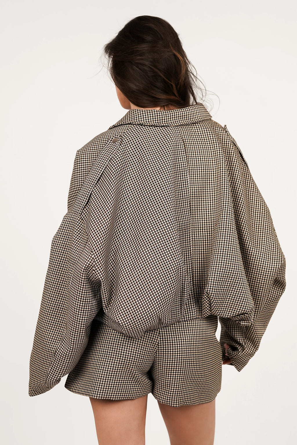 Beige Houndstooth Bomber Jacket & Skirt Set – Chic Two-Piece Outfit