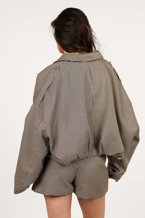 Beige Houndstooth Bomber Jacket & Skirt Set – Chic Two-Piece Outfit