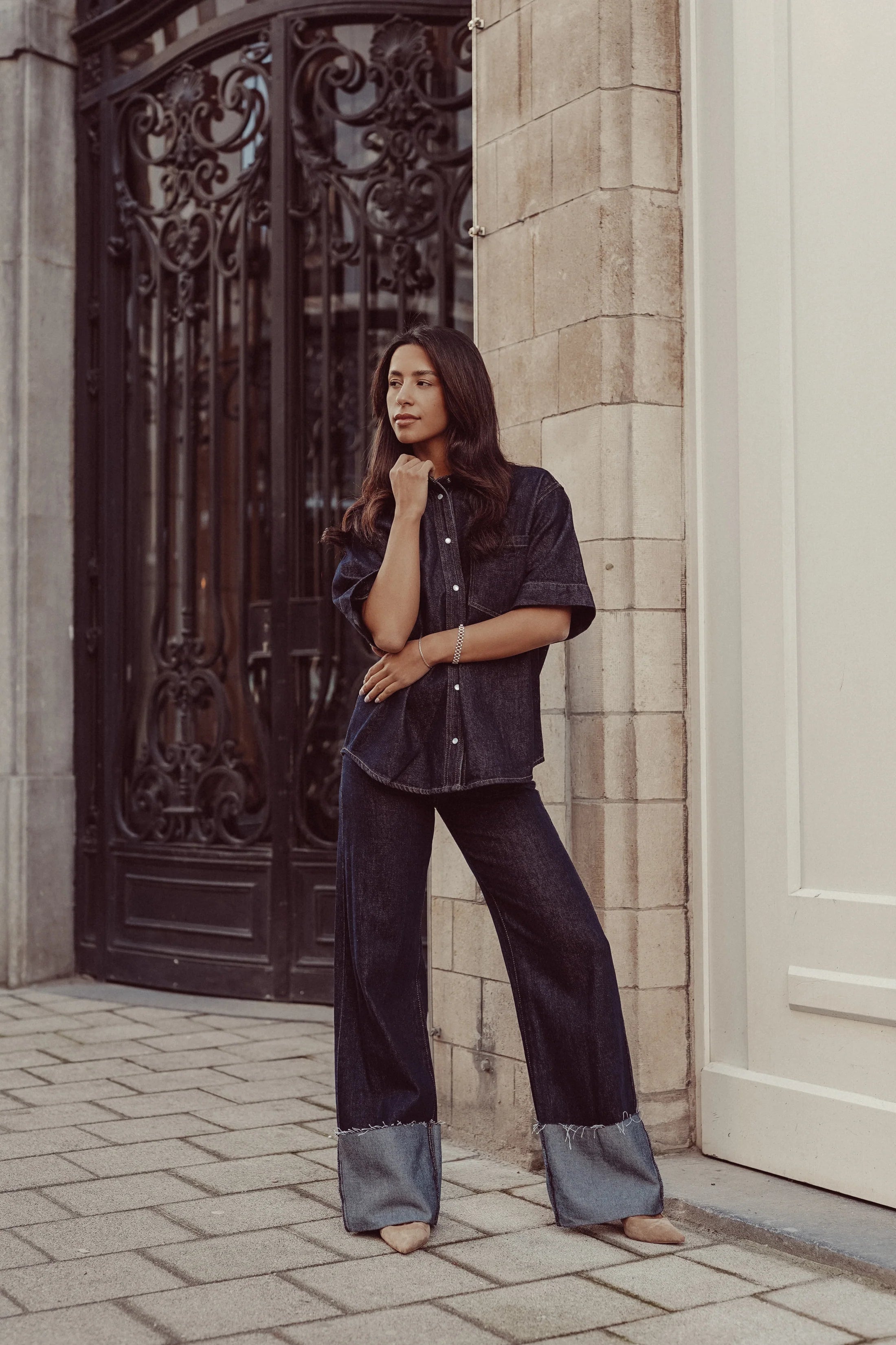 Dark blue wide leg jeans with turn-up hem