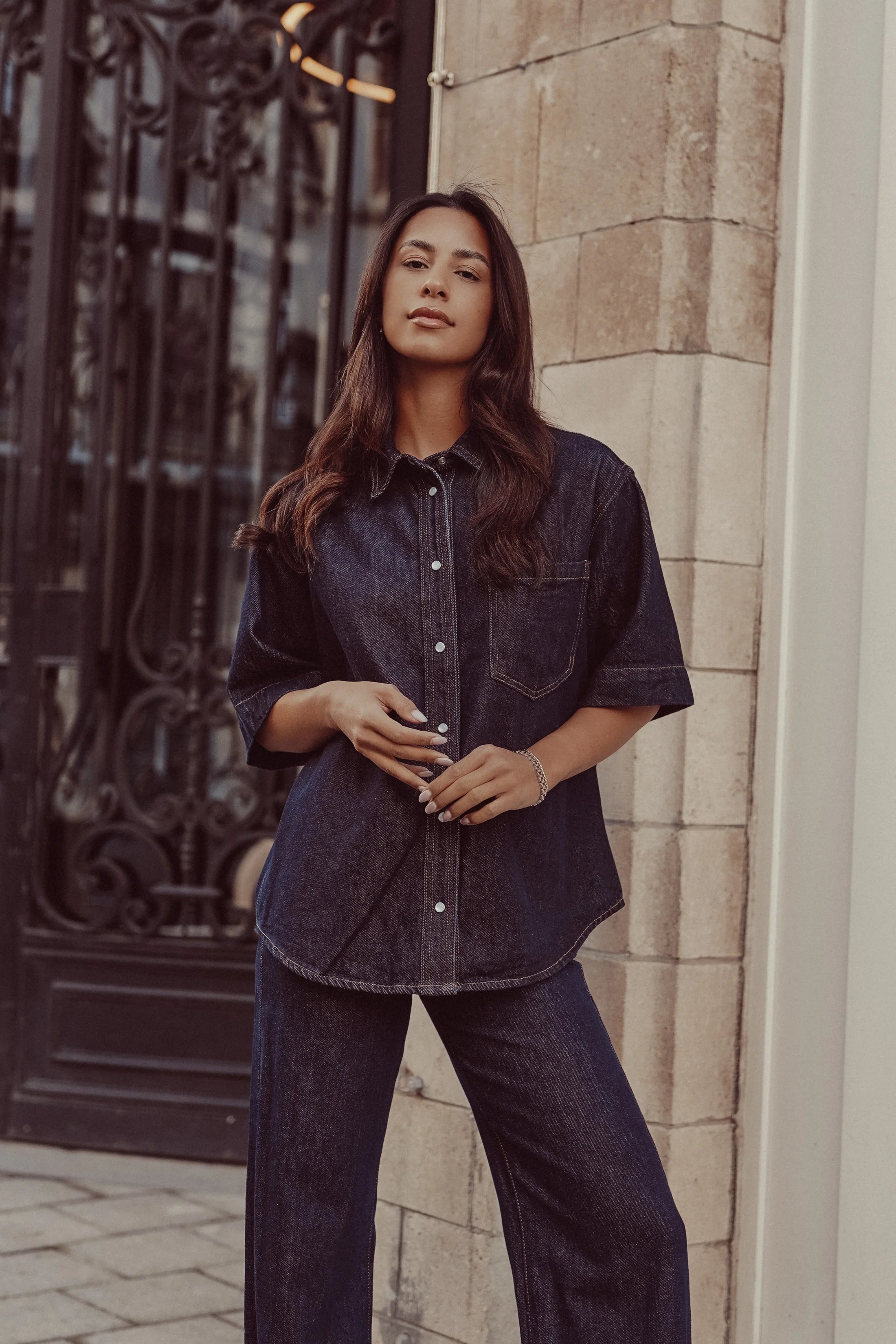 Seravelle Denim Blouse Oversized Dark blue