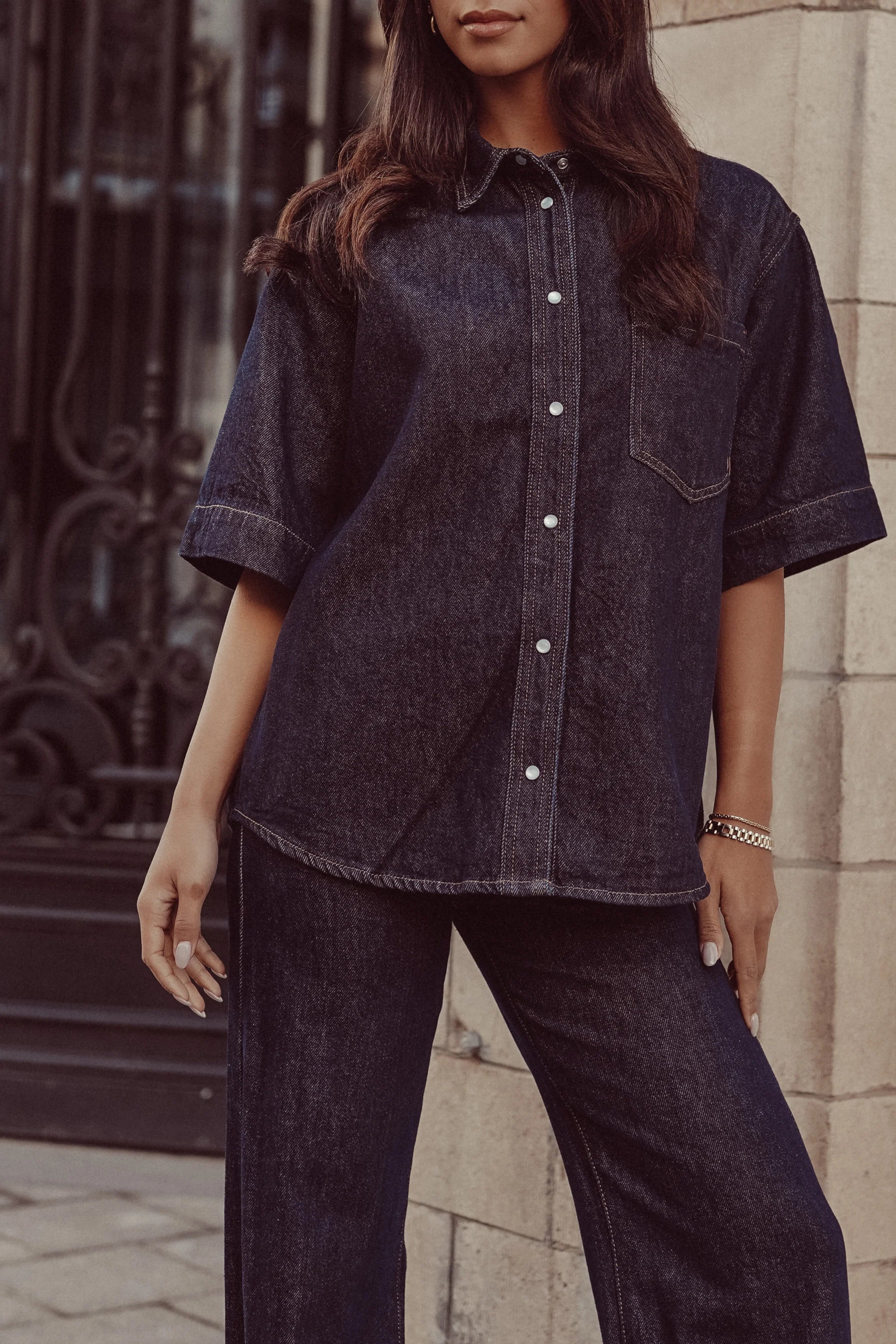Seravelle Denim Blouse Oversized Dark blue