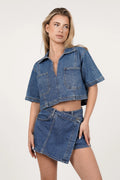 Dark Blue Denim Cropped Top & Skirt Set – Trendy Two-Piece Outfit