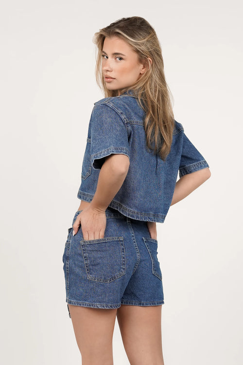 Dark Blue Denim Cropped Top & Skirt Set – Trendy Two-Piece Outfit