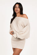 Seravelle Knitted Rib Dress with Wide Sleeves Beige