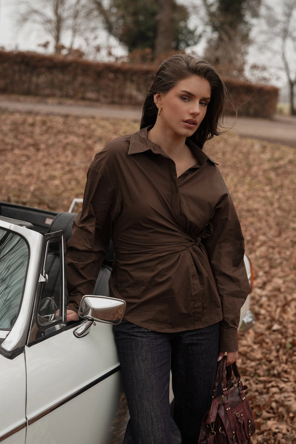 Oversized blouse with side bow brown