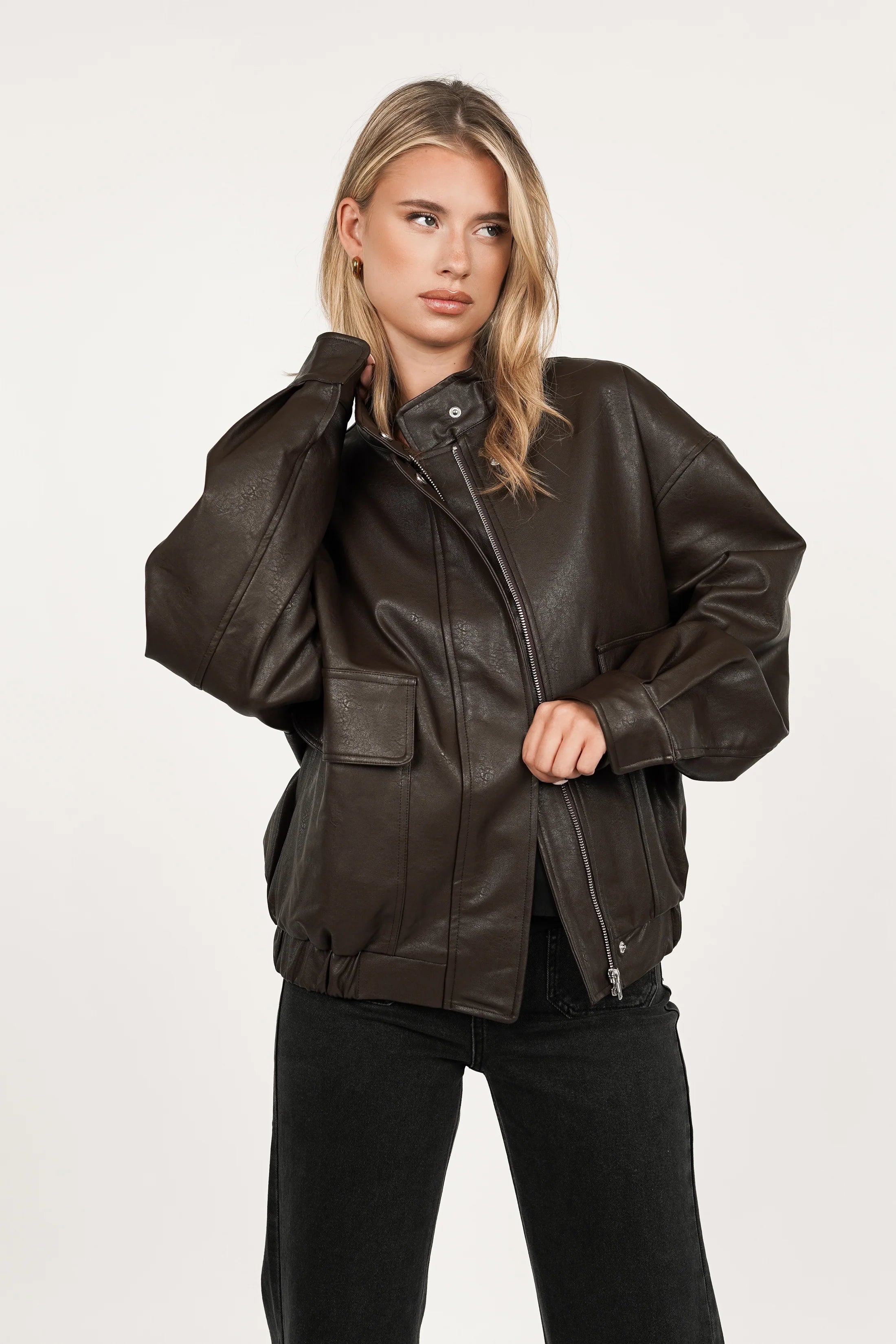 Oversized leather look jacket brown
