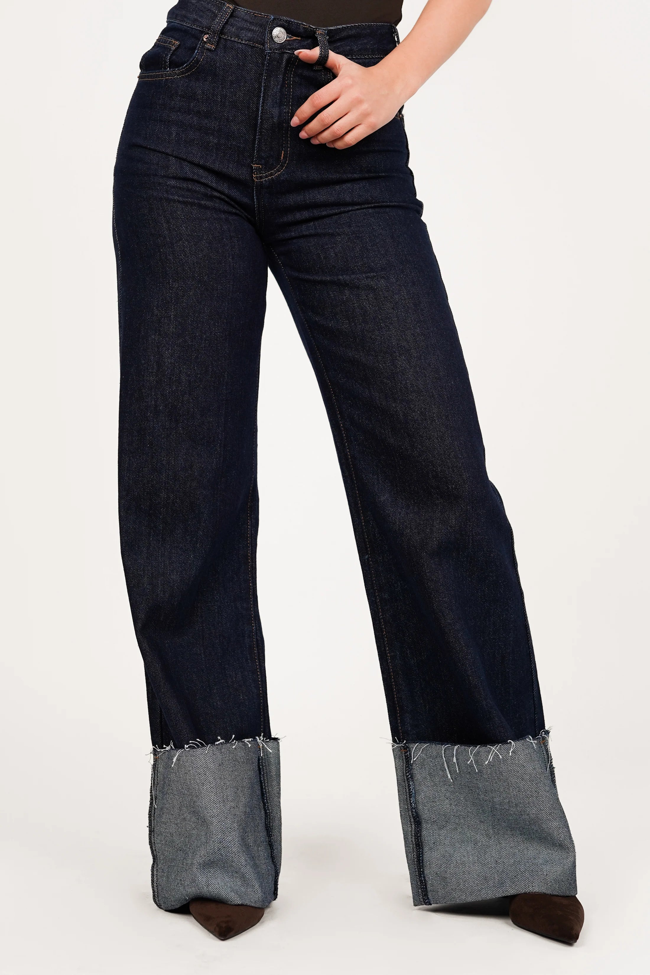 Dark blue wide leg jeans with turn-up hem