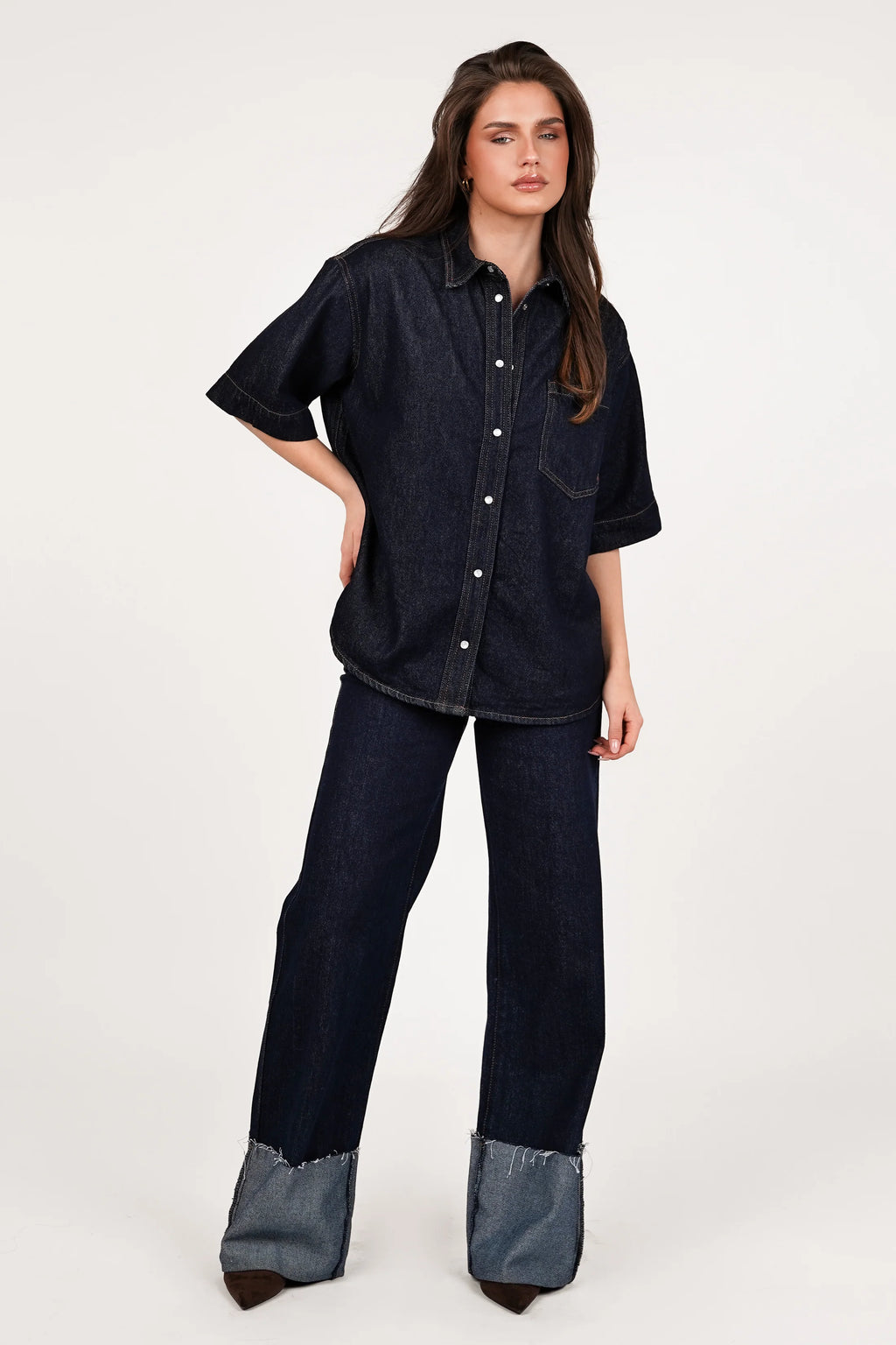 Dark blue wide leg jeans with turn-up hem