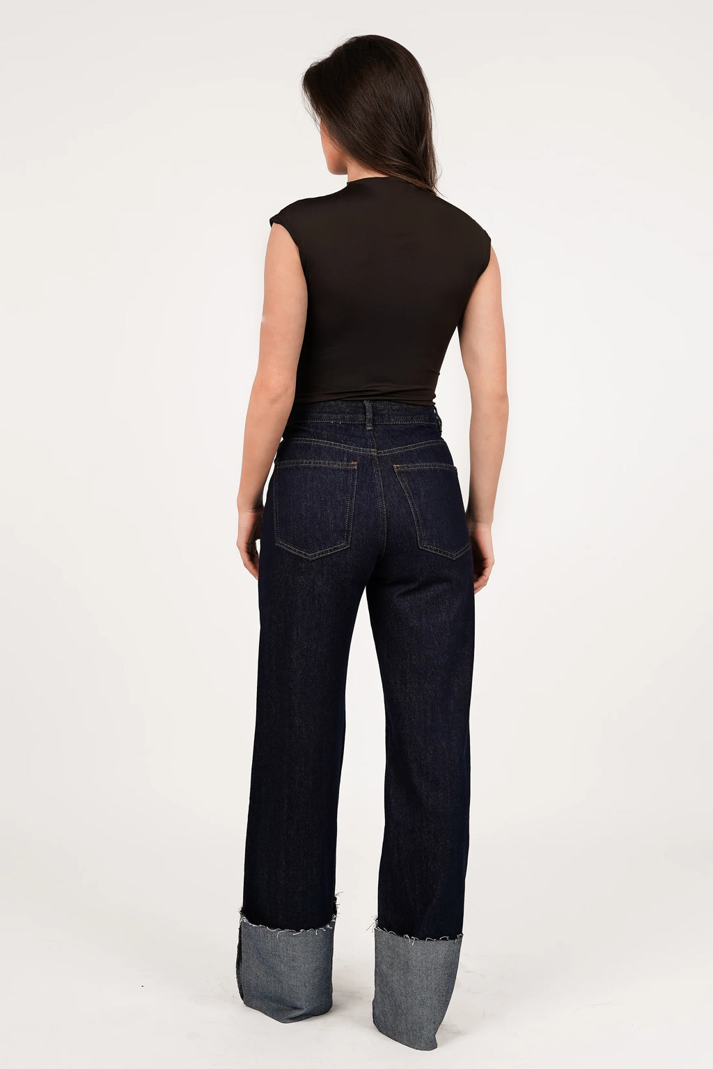 Dark blue wide leg jeans with turn-up hem