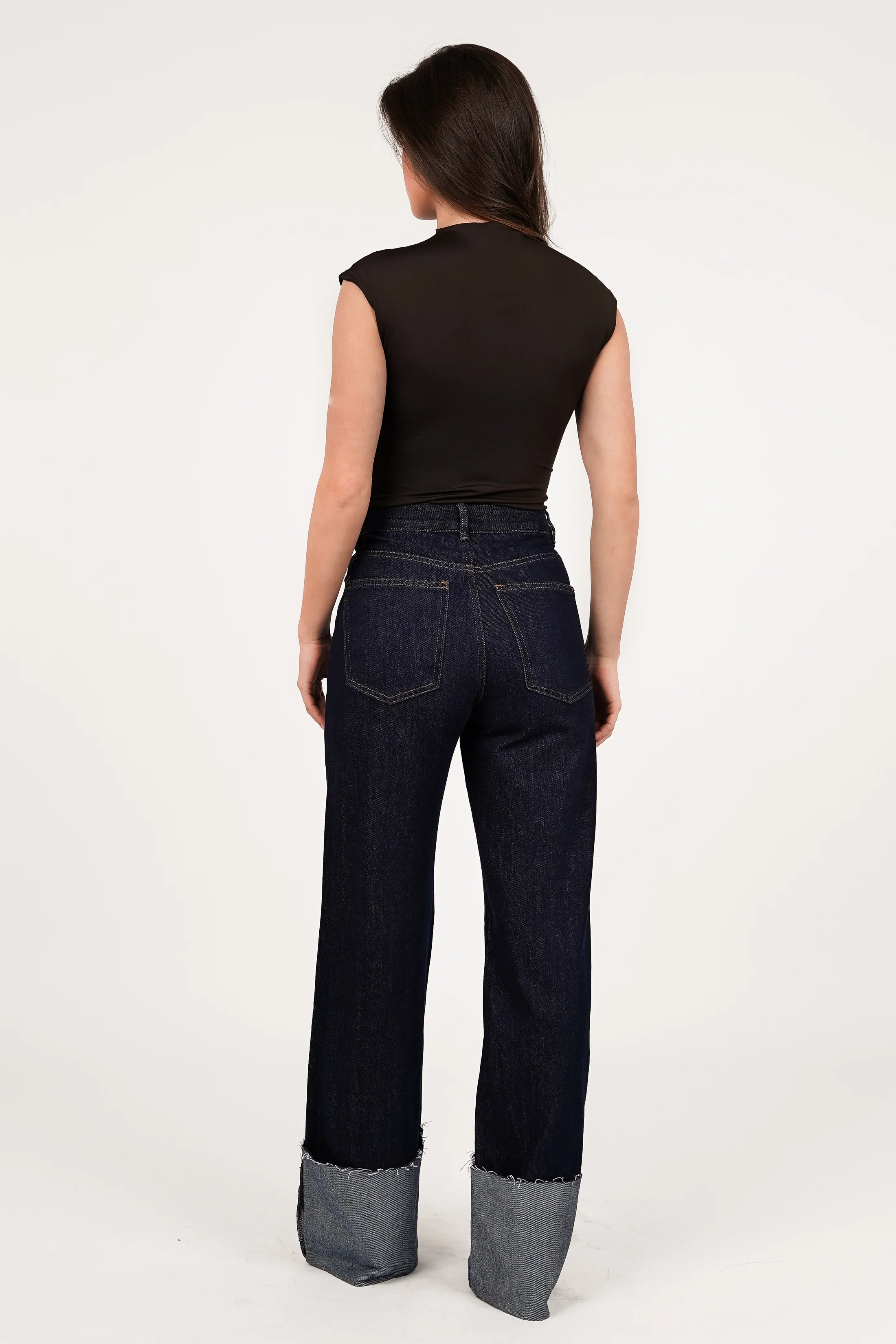 Dark blue wide leg jeans with turn-up hem