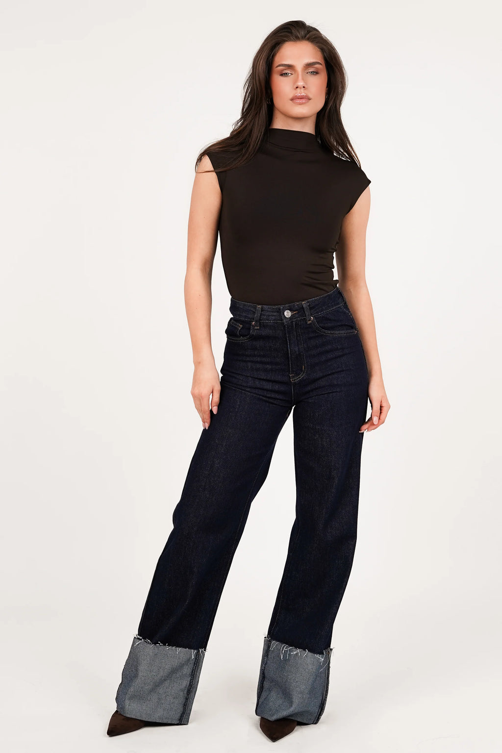 Dark blue wide leg jeans with turn-up hem