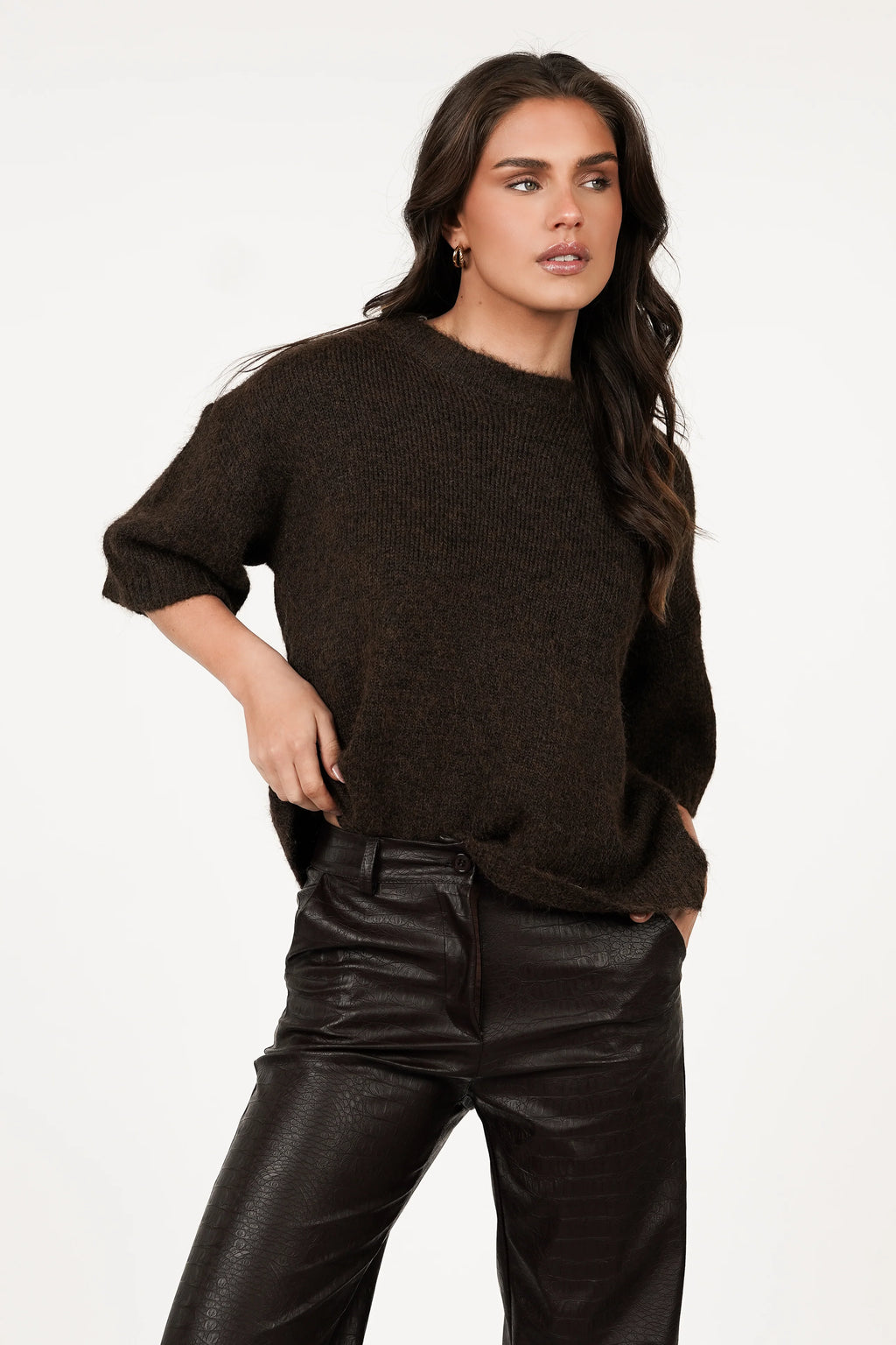 Dark Brown Soft Short Sleeve Sweater – Cozy & Stylish Knit Top
