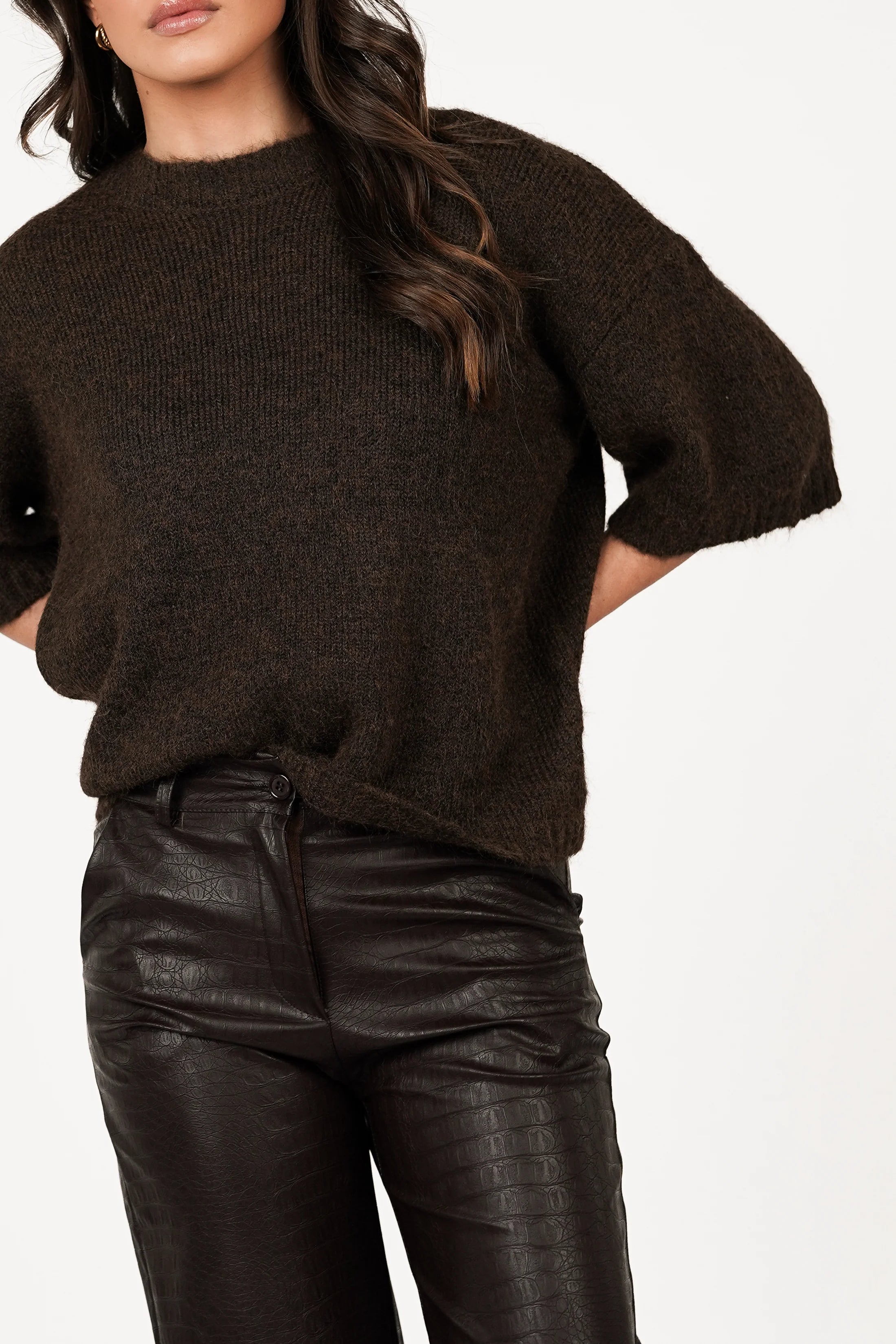 Dark Brown Soft Short Sleeve Sweater – Cozy & Stylish Knit Top