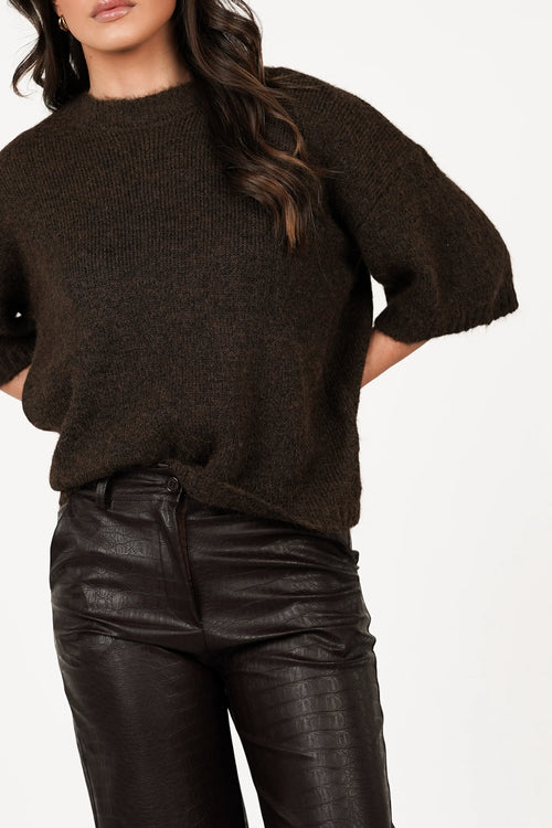 Dark Brown Soft Short Sleeve Sweater – Cozy & Stylish Knit Top