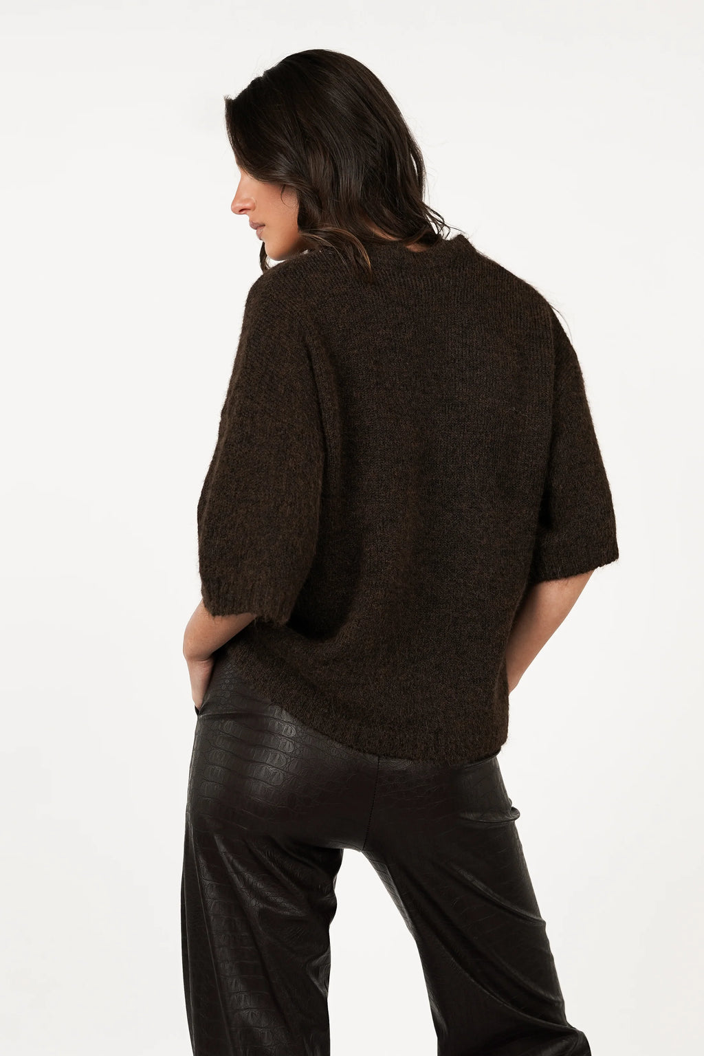 Dark Brown Soft Short Sleeve Sweater – Cozy & Stylish Knit Top