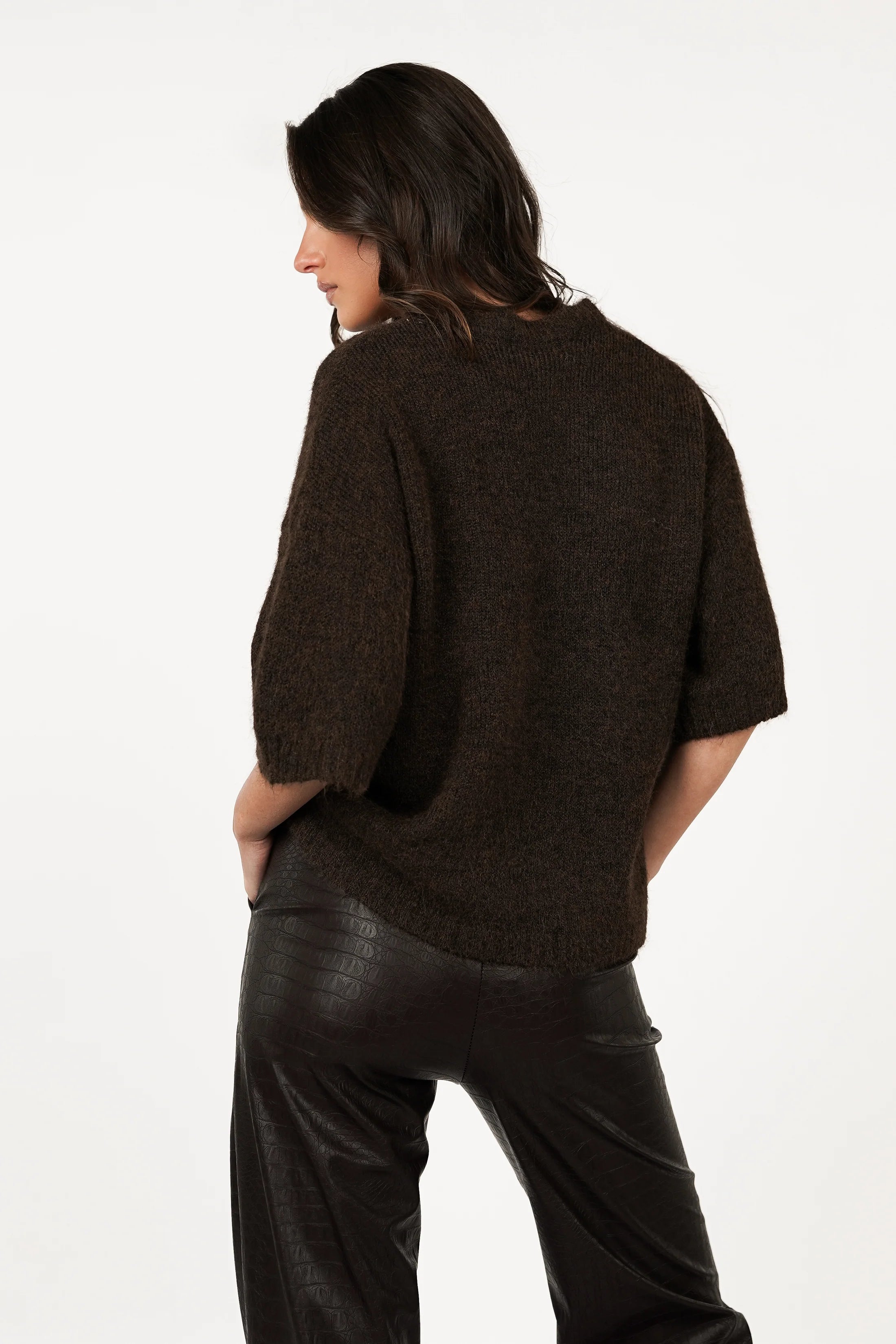 Dark Brown Soft Short Sleeve Sweater – Cozy & Stylish Knit Top